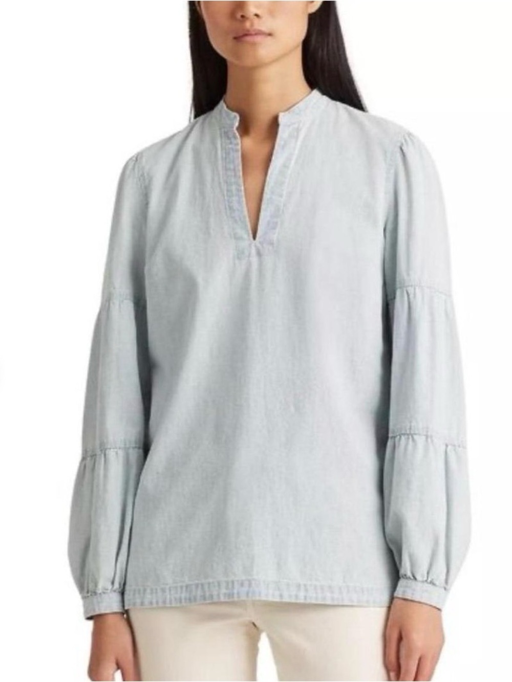 Ralph Lauren Vintage Wash Blue Short Stand Collar Tiered-Sleeve Blouse Sz Small